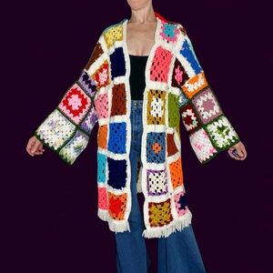 Vintage Handmade Colorful Granny Square Crochet Hippie Open Cardigan